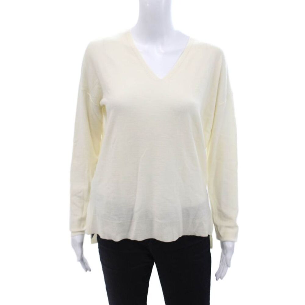 Organic John Patrick Womens Long Sleeves V Neck Sweater Off White Size Small